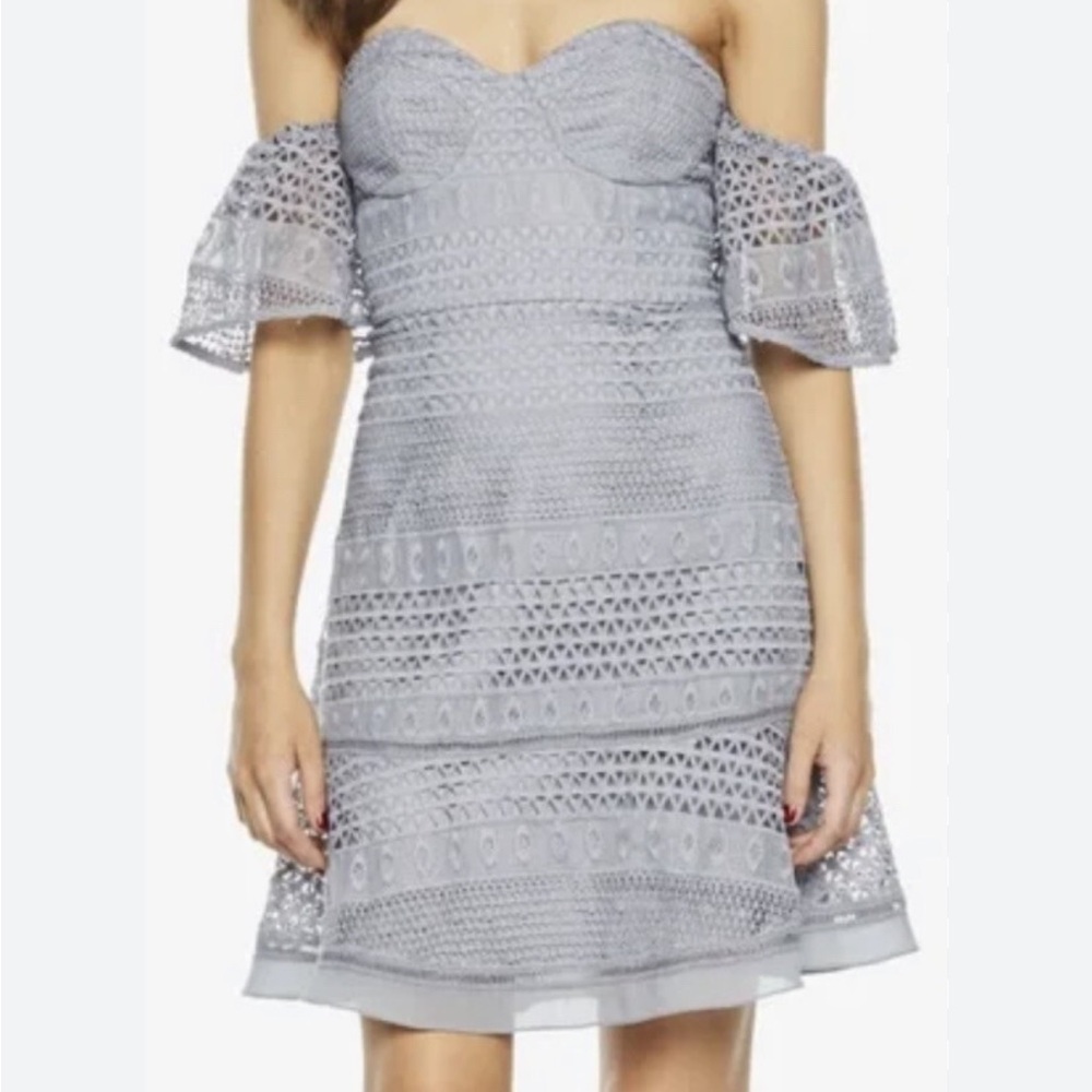 Bardot Strapless Lace Dress in dust blue 8 M